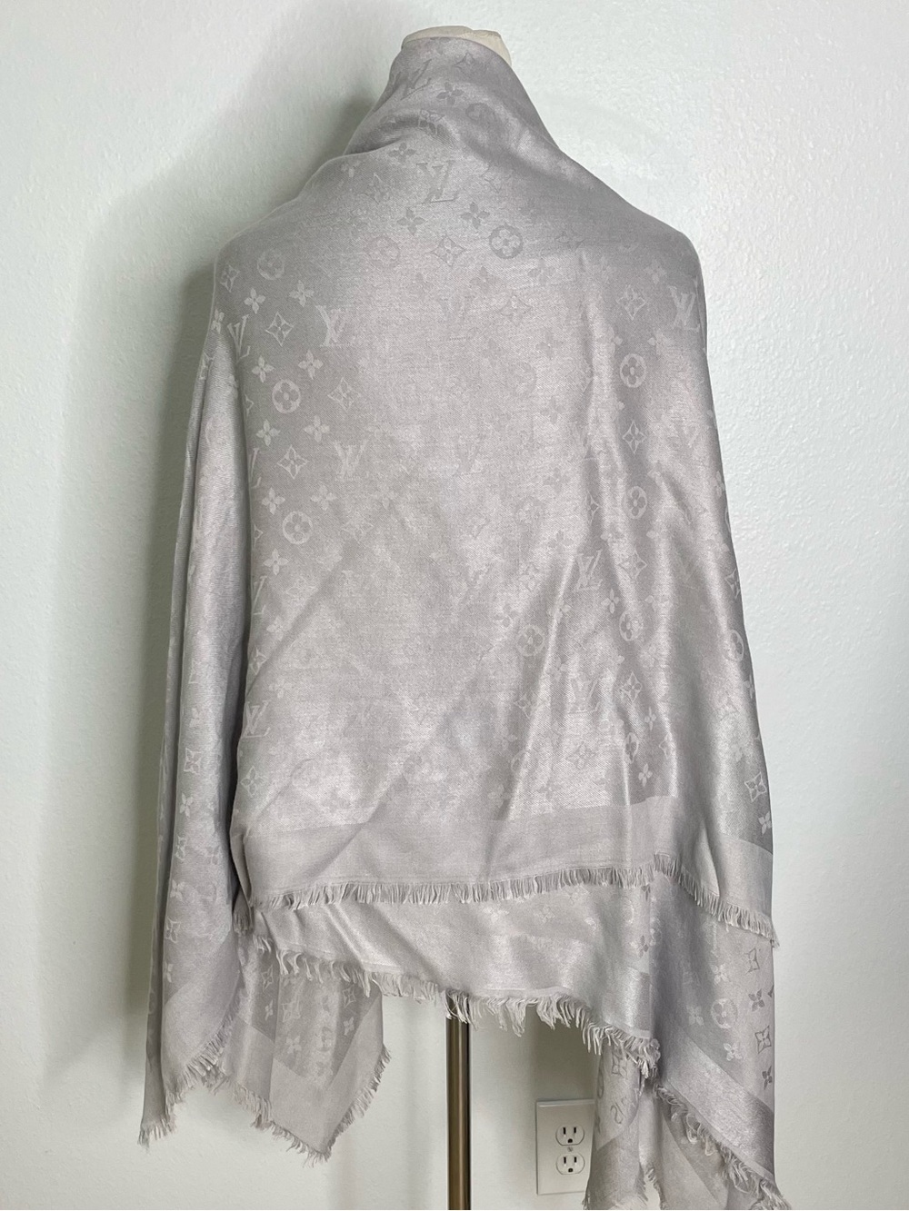 Vintage Louis Vuitton Silver Gray Monogram Shawl Wrap Scarf